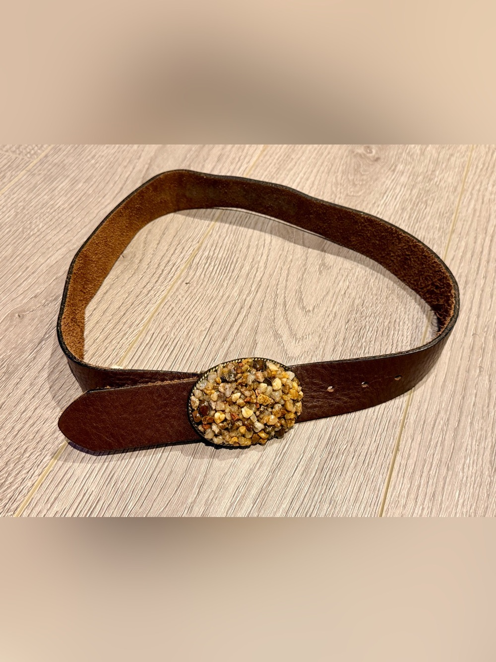 DANIER Vintage Brown Leather Belt with Stone Encrusted Oval Buckle